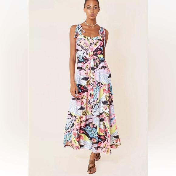 Hale Bob Elbise maxi Dress XS Tropical Floral Tiered Bow Button Down Colorful - Picture 1 of 15
